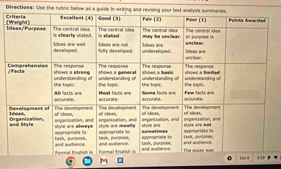 Directions: Use the rubric below as a guide 
C
(
I