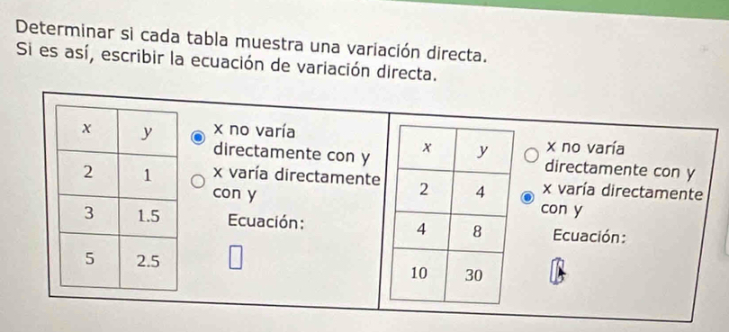 Determinar si cada tabla muestra una variación directa.
Si es así, escribir la ecuación de variación directa.
x no varía
directamente con yx no varía
directamente con y
x varía directamentex varía directamente
con ycon y
Ecuación: Ecuación: