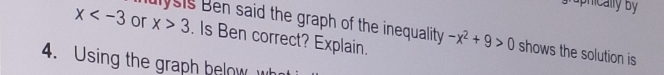 x or x>3. Is Ben correct? Explain. 
ulysis Ben said the graph of the inequality -x^2+9>0 shows the solution is 
4. Using the graph below wh