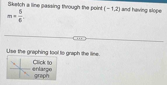 Sketch a line passing through the point (-1,2) and having slope
m= 5/6 . 
Use the graphing tool to graph the line. 
Click to 
enlarge 
graph