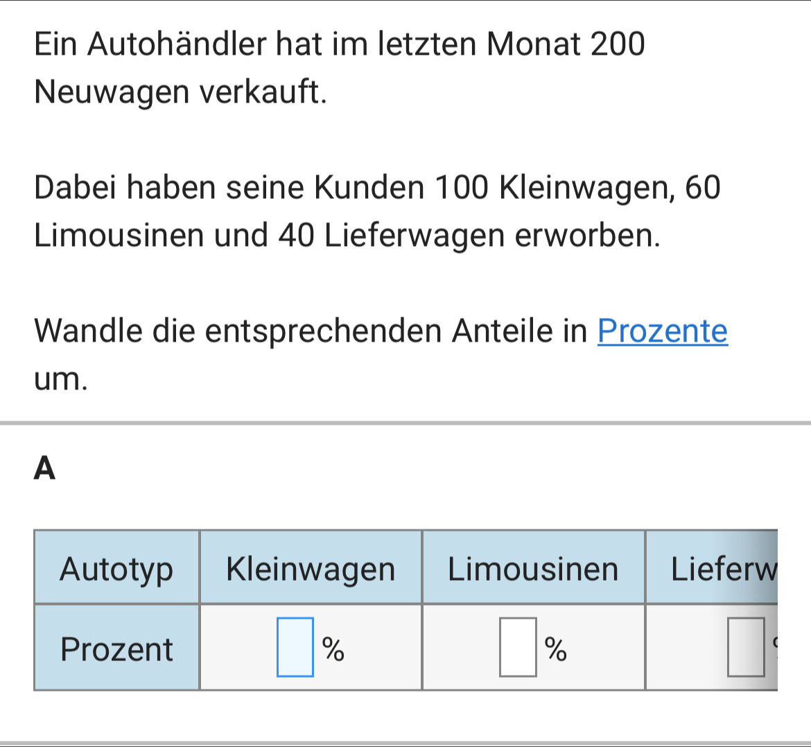 Ein Autohändler hat im letzten Monat 200
Neuwagen verkauft.
Dabei haben seine Kunden 100 Kleinwagen, 60
Limousinen und 40 Lieferwagen erworben.
Wandle die entsprechenden Anteile in Prozente
um.
A