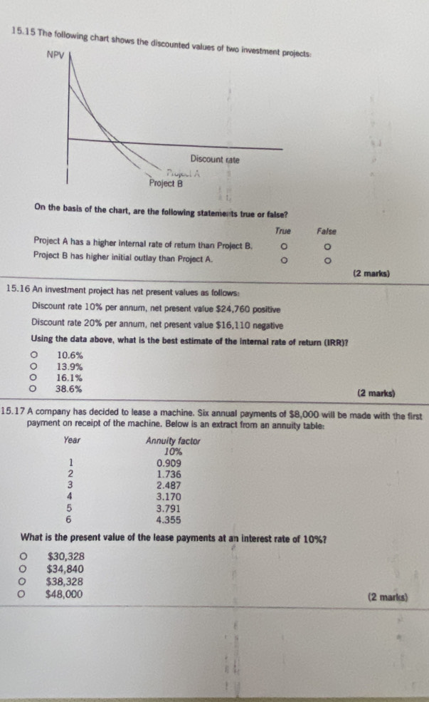 15.15 The following chart shows the discounted values of two investment projects:
On the basis of the chart, are the following statements true or false?
True False
Project A has a higher internal rate of retum than Project B.
Project B has higher initial outlay than Project A.
(2 marks)
15.16 An investment project has net present values as follows:
Discount rate 10% per annum, net present value $24,760 positive
Discount rate 20% per annum, net present value $16,110 negative
Using the data above, what is the best estimate of the internal rate of return (IRR)?
10.6%
13.9%
16.1%
38.6% (2 marks)
15.17 A company has decided to lease a machine. Six annual payments of $8,000 will be made with the first
payment on receipt of the machine. Below is an extract from an annuity table:
What is the present value of the lease payments at an interest rate of 10%?
$30,328
$34,840
$38,328
$48,000 (2 marks)