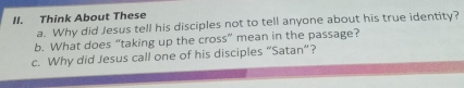 Think About These 
a. Why did Jesus tell his disciples not to tell anyone about his true identity? 
b. What does “taking up the cross” mean in the passage? 
c. Why did Jesus call one of his disciples “Satan”?