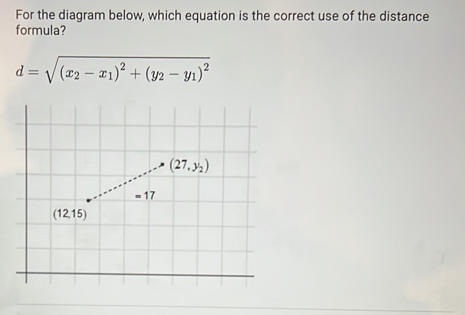 For the diagram below, which equation is the correct use of the distance
formula?
d=sqrt((x_2)-x_1)^2+(y_2-y_1)^2