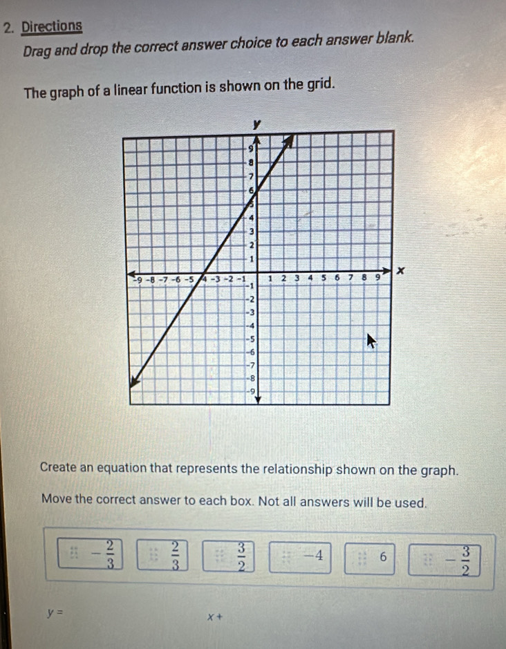 Directions 
Drag and drop the correct answer choice to each answer blank. 
The graph of a linear function is shown on the grid. 
Create an equation that represents the relationship shown on the graph. 
Move the correct answer to each box. Not all answers will be used.
x= - 2/3   2/3  v=  3/2  1 : -4 : : 6 beginpmatrix 7&69& & - 3/2 
y=
x+