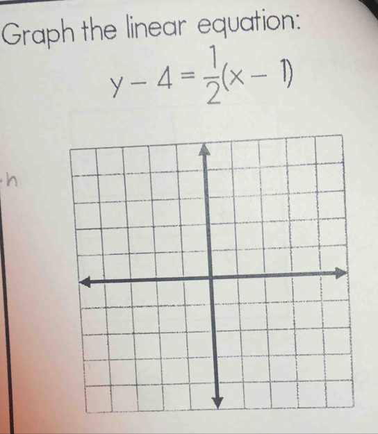 Graph the linear equation:
y-4= 1/2 (x-1)
h