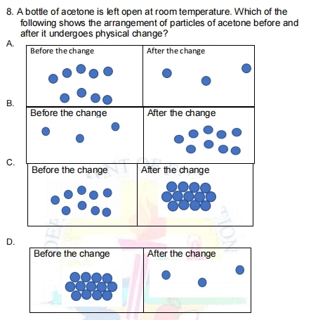 A bottle of acetone is left open at room temperature. Which of the
following shows the arrangement of particles of acetone before and
after it undergoes physical change?
A.
Before the change After the change
B.
Before the change After the change
C.
After the change
D.