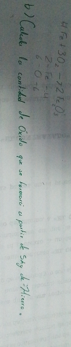 4Fe+3O_2to 2Fe_2O_3
2-Fe-4
6-0-6
b) Calok (a conlided de Oxido que se formarc a parhir de sng de`Fierro.