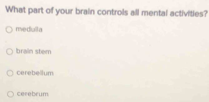 What part of your brain controls all mental activities?
medulla
brain stem
cerebellum
cerebrum