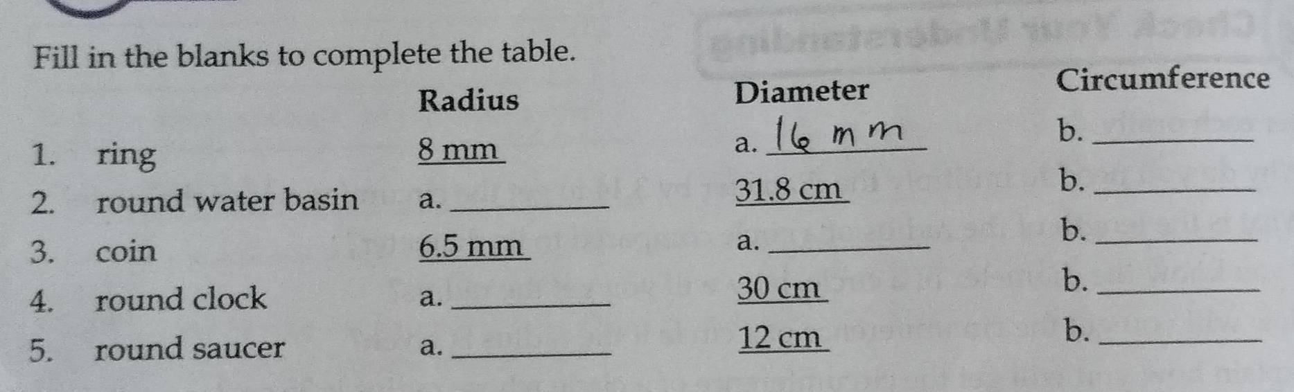 Fill in the blanks to complete the table. 
Circumference 
Radius 
Diameter 
b._ 
1. ring 8 mm
a._ 
b._ 
2. round water basin a._
31.8 cm
3. coin 6.5 mm a._ 
b._ 
b._ 
4. round clock a._
30 cm
b._ 
5. round saucer a._
12 cm