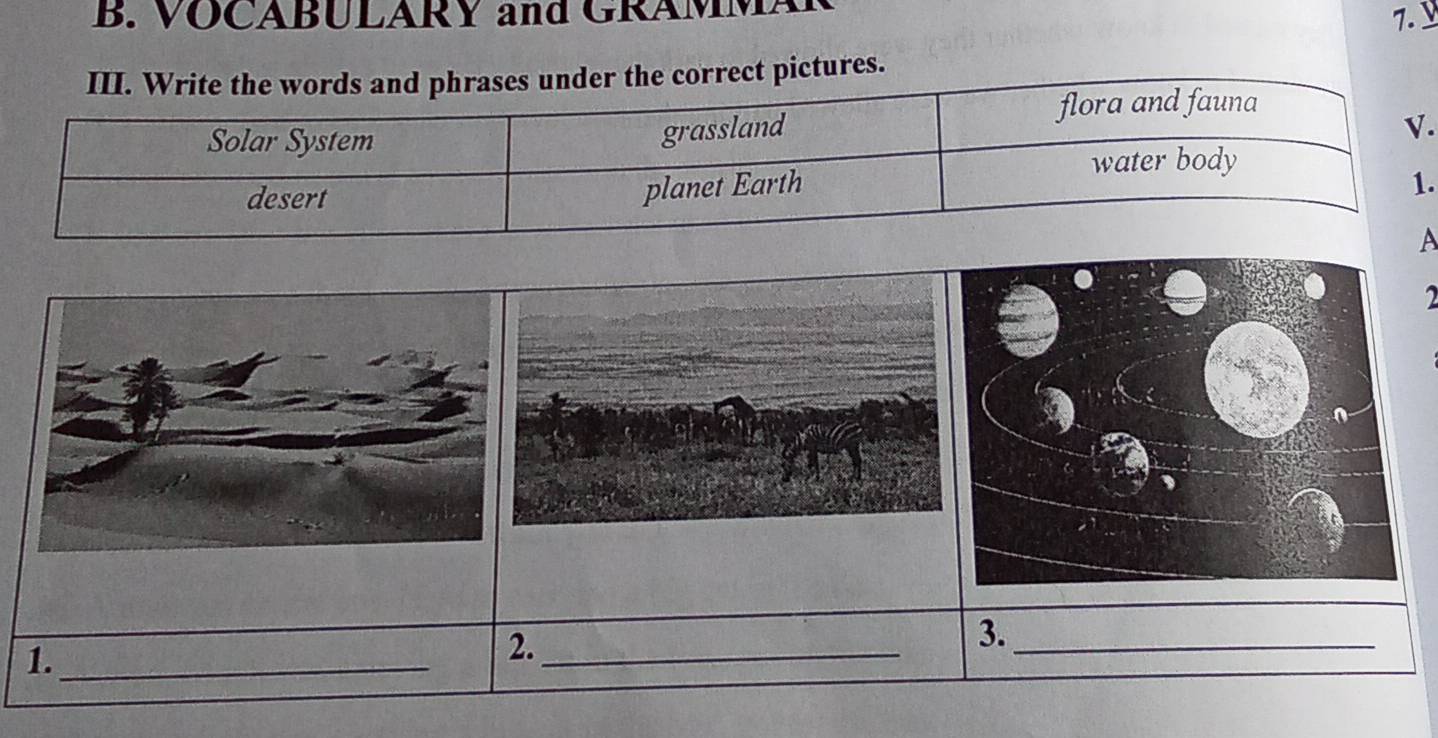 VOCABULARY and GRAMMA 
7. y 
correct pictures. 
. 
. 
2 
3._ 
1._ 
2._