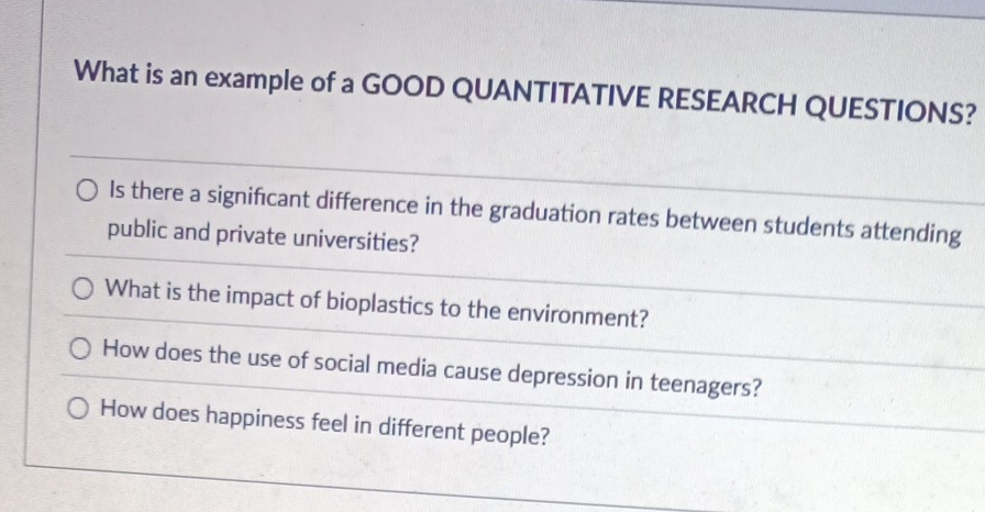 What is an example of a GOOD QUANTITATIVE RESEARCH QUESTIONS? 
Is there a significant difference in the graduation rates between students attending 
public and private universities? 
What is the impact of bioplastics to the environment? 
How does the use of social media cause depression in teenagers? 
How does happiness feel in different people?