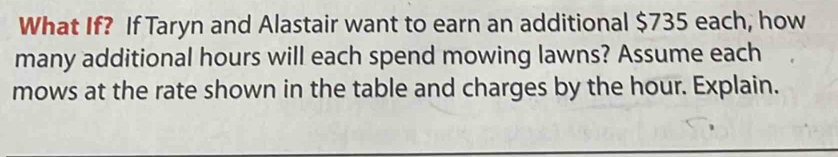 What If? If Taryn and Alastair want to earn an additional $735 each, how 
many additional hours will each spend mowing lawns? Assume each 
mows at the rate shown in the table and charges by the hour. Explain.