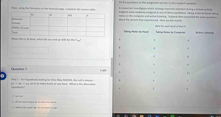 All the questions on this assignment pertain to this research question:
A researcher investigates which strategy improves retention during a lecture activity.
Next, using the formulas on the formula page, complete the source table.Subjects were randomly assigned to one of three conditions: taking notes by hand, taking
notes on the computer and active listening. Subjects then answered the same questions
about the lecture they experienced. Here are the results:
When this is all done, what did you end up with for the F_ab ?
Question 7 1 pts 
0
Step 1 - For hypothesis testing for One-Way ANOVA, the null is always -
mu _1=mu _2=mu _3 up to as many levels as you have. What is the alternative
hypothesis?
not null
all mu values equal to all other mu values
replace the equal sign to not equal to sign