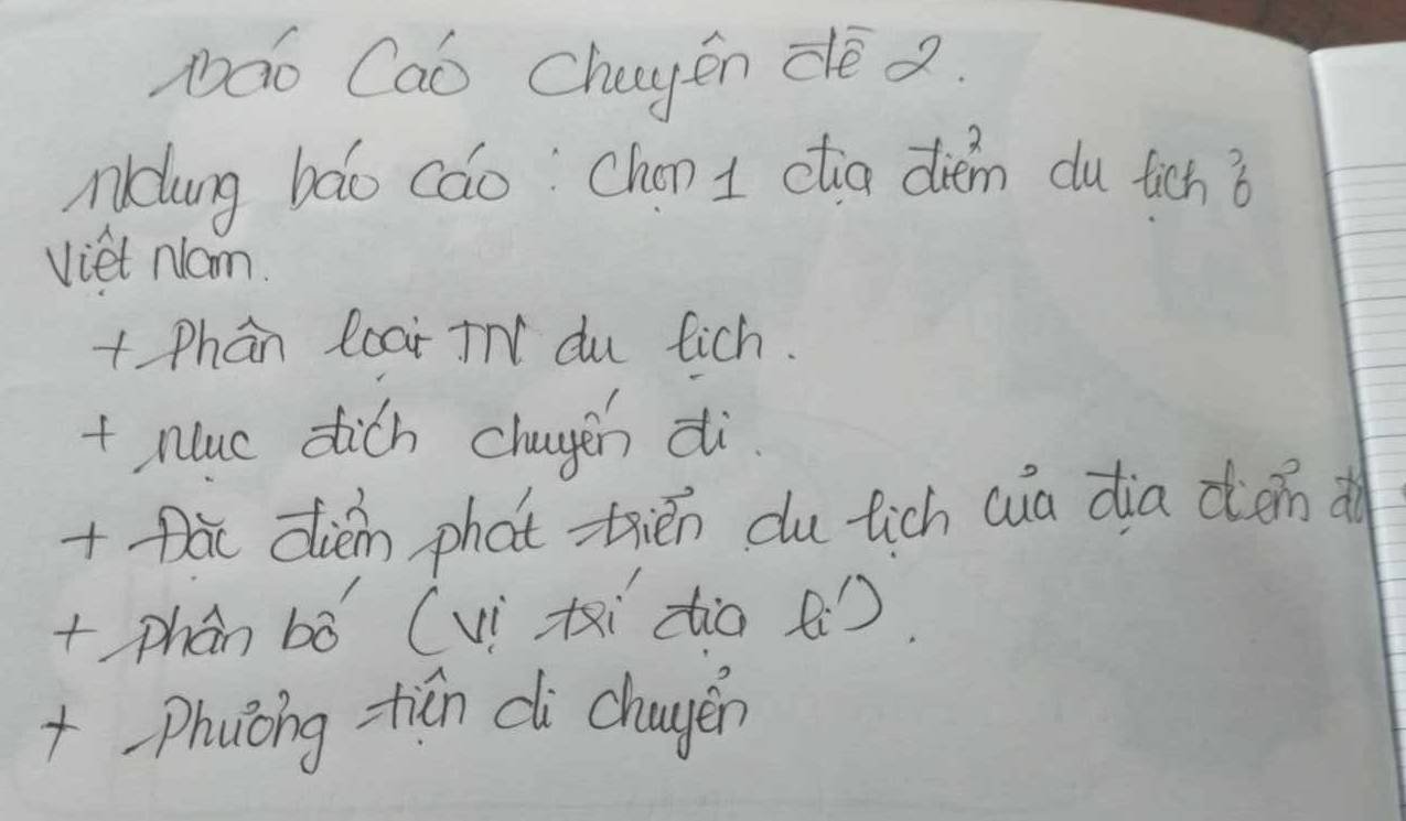 Náo Caò Chayén dè 2. 
Nidung bāo cáo Chon 1 ctia diem du tich b 
Viet Nom. 
+ Phan loar TN du fich. 
+ nluc dich chagen di 
+ pàc dièn phat-hién du tich cua dia dǎn 
+phán bó (vi txi tia ¢). 
+Phuong tiān di chayen