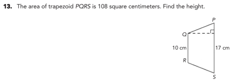 The area of trapezoid PQRS is 108 square centimeters. Find the height.