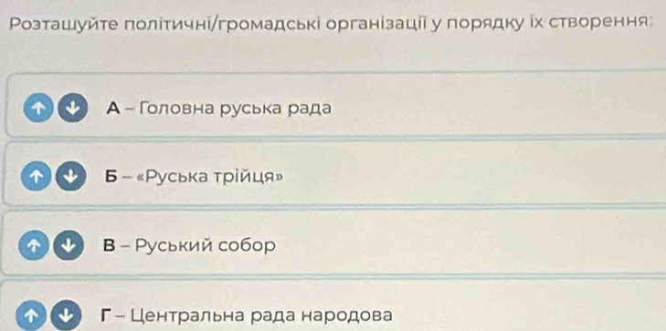 Ρозташуйте πолітичні/громадські організаціі у порядку іх створення
Α - Γоловна руська рада
6 《Руська τрίйця»
B - Руський собор
Γ - Центральна рада народова