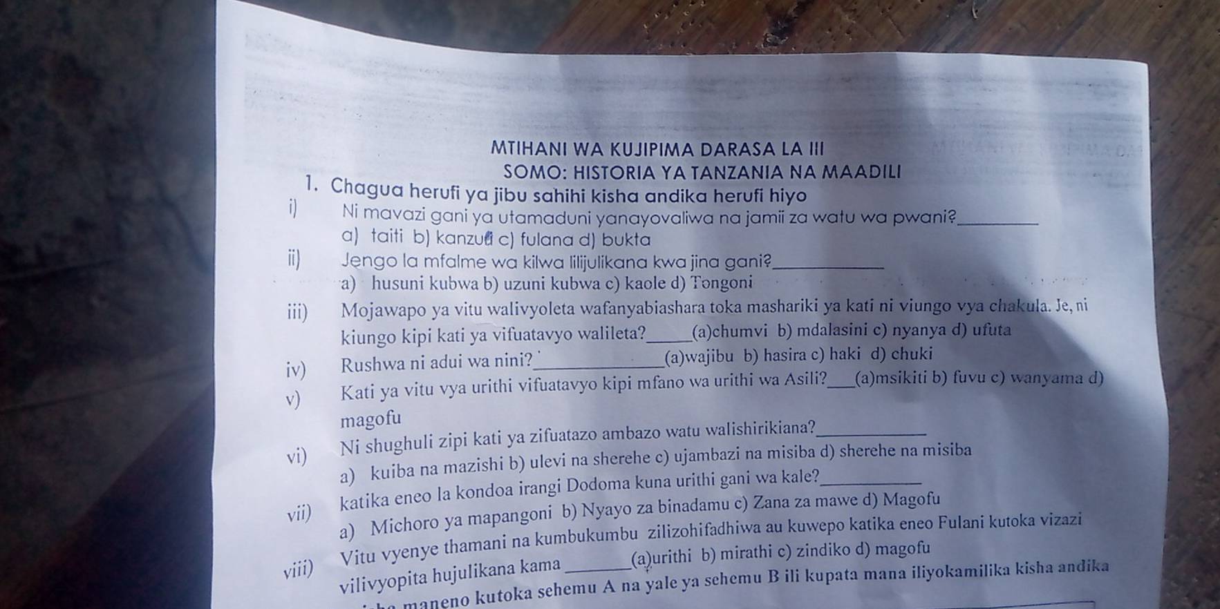 Solved: MTIHANI WA KUJIPIMA DARASA LA III SOMO: HISTORIA YA TANZANIA NA ...