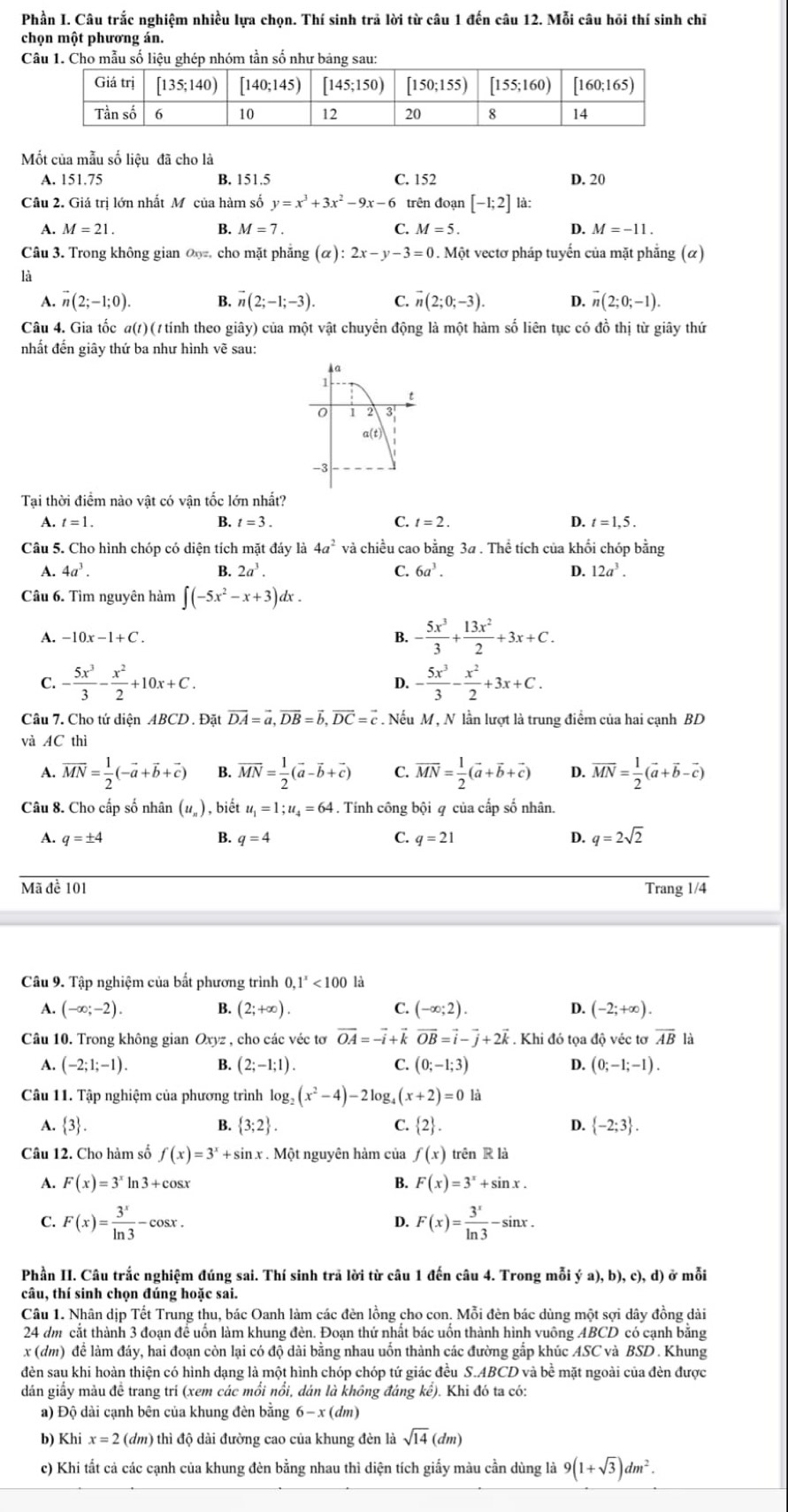 Phần I. Câu trắc nghiệm nhiều lựa chọn. Thí sinh trả lời từ câu 1 đến câu 12. Mỗi câu hồi thí sinh chỉ
chọn một phương án.
Câu 1. Cho mẫu số liệu ghép nhóm tần số như bảng sa
Mốt của mẫu số liệu đã cho là
A. 151.75 B. 151.5 C. 152 D. 20
Câu 2. Giá trị lớn nhất Mỹ của hàm số y=x^3+3x^2-9x-6 trên đoạn [-1;2] là:
A. M=21. B. M=7. C. M=5. D. M=-11.
Câu 3. Trong không gian 0, cho mặt phẳng (alpha ):2x-y-3=0 0. Một vectơ pháp tuyến của mặt phẳng (α)
là
A. vector n(2;-1;0). B. vector n(2;-1;-3). C. vector n(2;0;-3). D. vector n(2;0;-1).
Câu 4. Gia tốc #(/)(1 tính theo giây) của một vật chuyển động là một hàm số liên tục có đồ thị từ giây thứ
nhất đến giây thứ ba như hình về sau:
↓a
1
t
0 1 2
a(t)
-3
Tại thời điểm nào vật có vận tốc lớn nhất?
A. t=1. B. t=3. C. t=2. D. t=1,5.
Câu 5. Cho hình chóp có diện tích mặt đáy là 4a^2 và chiều cao bằng 3a . Thể tích của khổi chóp bằng
A. 4a^3. B. 2a^3. C. 6a^3. D. 12a^3.
Câu 6. Tìm nguyên hàm ∈t (-5x^2-x+3)dx.
A. -10x-1+C. B. - 5x^3/3 + 13x^2/2 +3x+C.
C. - 5x^3/3 - x^2/2 +10x+C. D. - 5x^3/3 - x^2/2 +3x+C.
Câu 7. Cho tứ diện ABCD. Đặt vector DA=vector a,vector DB=vector b,vector DC=vector c Nếu M , N lần lượt là trung điểm của hai cạnh BD
và AC thì
A. vector MN= 1/2 (-vector a+vector b+vector c) B. vector MN= 1/2 (vector a-vector b+vector c) C. overline MN= 1/2 (vector a+vector b+vector c) D. overline MN= 1/2 (vector a+vector b-vector c)
Câu 8. Cho cấp số nhân (u,), biết u_1=1;u_4=64. Tính công bội q của cấp số nhân.
A. q=± 4 B. q=4 C. q=21 D. q=2sqrt(2)
Mã đề 101 Trang 1/4
Câu 9. Tập nghiệm của bất phương trình 0,1^x<100</tex> là
A. (-∈fty ;-2). B. (2;+∈fty ). C. (-∈fty ;2). D. (-2;+∈fty ).
Câu 10. Trong không gian Oxyz , cho các véc tơ vector OA=-vector i+vector kvector OB=vector i-vector j+2vector k. Khi đó tọa độ véc tơ overline AB là
A. (-2;1;-1). B. (2;-1;1). C. (0;-1;3) D. (0;-1;-1).
Câu 11. Tập nghiệm của phương trình log _2(x^2-4)-2log _4(x+2)=0 là
A.  3 . B.  3;2 . C. 2 D.  -2;3 .
Câu 12. Cho hàm số f(x)=3^x+sin x. Một nguyên hàm của f(x) trên R là
A. F(x)=3^xln 3+cos x B. F(x)=3^x+sin x.
C. F(x)= 3^x/ln 3 -cos x. F(x)= 3^x/ln 3 -sin x.
D.
Phần II. Câu trắc nghiệm đúng sai. Thí sinh trã lời từ câu 1 đến câu 4. Trong mỗi ý a (b) , c), d) ở mỗi
câu, thí sinh chọn đúng hoặc sai.
Câu 1. Nhân dịp Tết Trung thu, bác Oanh làm các đèn lồng cho con. Mỗi đèn bác dùng một sợi dây đồng dài
24 dm cắt thành 3 đoạn để uốn làm khung đèn. Đoạn thứ nhất bác uốn thành hình vuông ABCD có cạnh bằng
x (dm) để làm đáy, hai đoạn còn lại có độ dài bằng nhau uốn thành các đường gắp khúc ASC và BSD . Khung
đèn sau khi hoàn thiện có hình dạng là một hình chóp chóp tứ giác đều S.ABCD và bề mặt ngoài của đèn được
dán giấy màu đề trang trí (xem các mồi nổi, dán là không đáng kề). Khi đó ta có:
a) Độ dài cạnh bên của khung đèn bằng 6-x(dm)
b) Khix=2(dm) * thì độ dài đường cao của khung đèn là sqrt(14)(dm)
c) Khi tất cả các cạnh của khung đèn bằng nhau thì diện tích giấy màu cần dùng là 9(1+sqrt(3))dm^2.