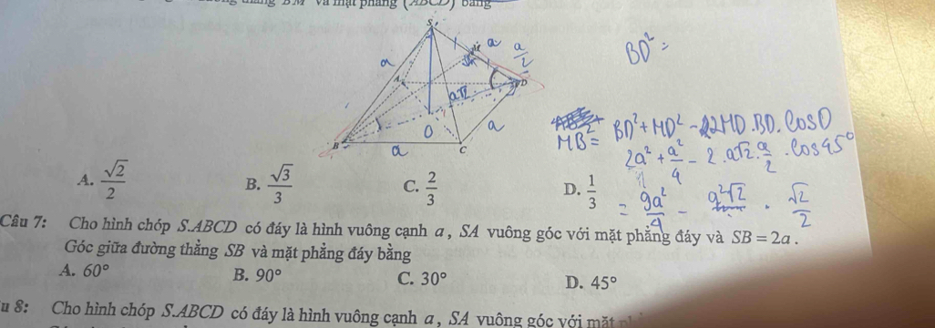 Và mạt pháng (2BCD) bang
A.  sqrt(2)/2   sqrt(3)/3  C.  2/3  D.  1/3 
B.
Câu 7: Cho hình chóp S. ABCD có đáy là hình vuông cạnh a , SA vuông góc với mặt phẳng đáy và SB=2a. 
Góc giữa đường thằng SB và mặt phẳng đáy bằng
A. 60° B. 90° C. 30° D. 45°
Su 8: Cho hình chóp S. ABCD có đáy là hình vuông cạnh a , SA vuông góc với mặt nh