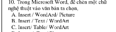 Trong Microsoft Word, đề chên một chữ
nghệ thuật vào văn bản ta chọn,
A. Insert / WordArd/ Picture
B. Insert / Text / WordArt
C. Insert/ Table/ WordArt