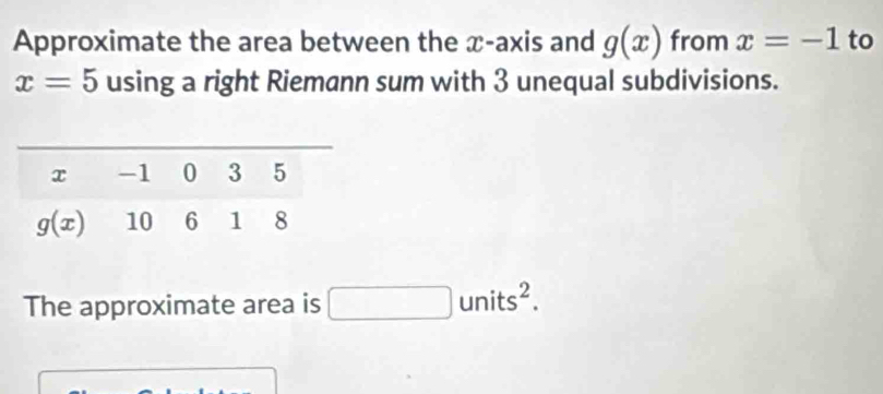 Approximate the area between the x-axis and g(x) from x=-1 to
x=5 using a right Riemann sum with 3 unequal subdivisions.
The approximate area is □ units^2.