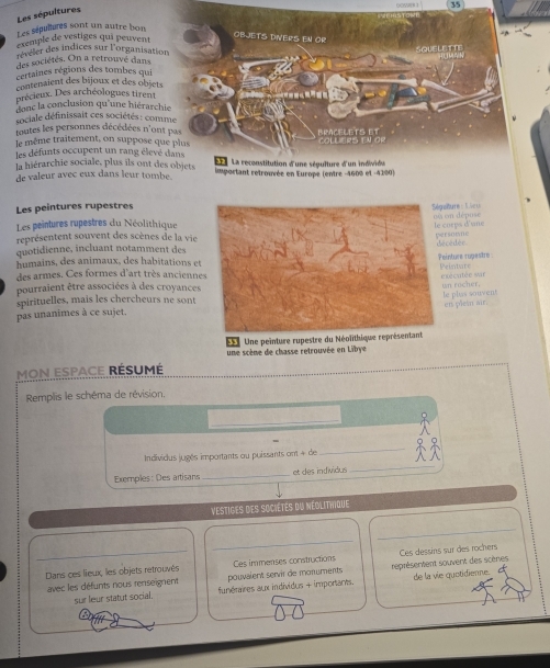 Les sépultures
35
Les sépullures sont un autre bon
exemple de vestiges qui peuvent
OBJETS DIVERS EN OR
réveler des indices sur l'organisation             
des sociétés. On a retrouvé dans
certaines régions des tombes qui HMA
contenaient des bijoux et des objets
précieux. Des archéologues tirent
donc la conclusion qu'une hiérarchie
dociale définissait ces sociétés : comme
toutes les personnes décédées n'ont pas
le même traîtement, on suppose que plus BRACELETS ET COLLERS EN OR
les défunts occupent un rang élevé dans * 7  La reconstitution d'une ségulture d'un individu
la hiérarchie sociale, plus ils ont des objets important retrouvée en Europe (entre -4600 et -4100)
de valeur avec eux dans leur tombe.
Les peintures rupestres
lture : fle u
Les peintures rupestres du Néolithiqueorps d'une en dépuse
représentent souvent des scènes de la vie
quotidienne, incluant notamment dessomne cédée.
humains, des animaux, des habitations etinture rupestre .
des armes. Ces formes d'art très anciennexécutée sar einture
pourraient être associées à des croyances
e plus souvent n rocher.
spirituelles, mais les chercheurs ne sont
pas unanimes à ce sujet.n plelm air.
5  Une peinture rupestre du Néolithique représentant
une scème de chasse retrouvée en Libye
MON EspACE RésUmé
Remplis le schéma de révision,
_
Individus jugés importants ou puissants ont + de
_
Exemples: Des artisans _et des individus
_
VestiGes des SOciÉtés du NéolIThIque
_
_
_Dans ces lieux, les objets retrouvés Ces immenses constructions Ces dessins sur des rochers
avec les défunts nous renseignent pouvaient servir de moruments représentent souvent des scènes
sur leur statut social. funéraires aux individus + importants. de la vie quotidienne.