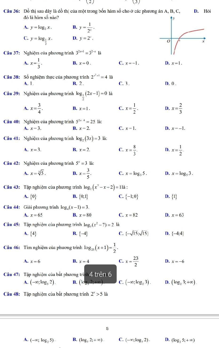 (2) (3)
Câu 36: Đồ thị sau dây là đồ thị của một trong bốn hàm số cho ở các phương án A, B, C, D. Hồi
đó là hàm số nào?
A. y=log _2x. B. y= 1/2^x ·
C. y=log _ 1/2 x.
D. y=2^x.
Câu 37: Nghiệm của phương trình 3^(2x+1)=3^(2-x)1a
A. x= 1/3 .
B. x=0. C. x=-1. D. x=1.
Câu 38: Số nghiệm thực của phương trình 2^(x^2)+1=4 là
A. 1. B. 2 . C. 3 . D. 0 .
Câu 39: Nghiệm của phương trình log _ 1/2 (2x-1)=0 là
A. x= 3/4 . x= 1/2 . D. x= 2/3 
B. x=1. C.
Câu 40: Nghiệm của phương trình 5^(2x-4)=25 là:
A. x=3. B. x=2. C. x=1. D. x=-1.
Câu 41: Nghiệm của phương trình log _2(3x)=3 là:
A. x=3. B. x=2. C. x= 8/3 . D. x= 1/2 .
Câu 42: Nghiệm của phương trình 5^x=3 là:
A. x=sqrt[3](5). B. x= 3/5 . C. x=log _35. D. x=log _53.
Câu 43: Tập nghiệm của phương trình log _2(x^2-x+2)=11 à :
A.  0 B.  0;1 C.  -1;0 D.  1
Câu 44: Giải phương trình log _4(x-1)=3.
A. x=65 B. x=80 C. x=82 D. x=63
Câu 45:  Tập nghiệm của phương trình log _3(x^2-7)=2 là
A.  4 B.  -4 C.  -sqrt(15);sqrt(15) D.  -4;4
Câu 46: Tìm nghiệm của phương trình log _25(x+1)= 1/2 .
A. x=6 B. x=4 C. x= 23/2  D. x=-6
Câu 47: Tập nghiệm của bắt phương trình 4 trêm 6
A. (-∈fty ;log _32). B. (log _32;+∈fty ) C. (-∈fty ;log _23). D. (log _23;+∈fty ).
Câu 48: Tập nghiệm của bất phương trình 2^x>5 là
5
A. (-∈fty ;log _25) B. (log _52;+∈fty ) C. (-∈fty ;log ,2). D. (log _25;+∈fty )