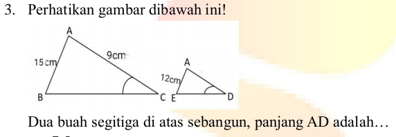 Perhatikan gambar dibawah ini! 
Dua buah segitiga di atas sebangun, panjang AD adalah…