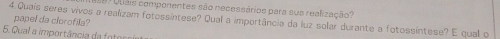 º Uliais componentes são necessários para sua realização? 
4.Quais seres vivos a realizam fotossíntese? Qual a importância da luz solar durante a fotossíntese? E quall o papel da clorofila? 
5. Qual a importância da fotoc