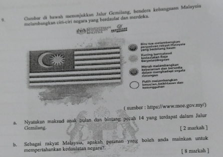 Gambar di bawah menunjukkan Jalur Gemilang, bendera kebangsaan Malaysia 
melambangkan ciri-ciri negara yang berdaulat dan merdeka. 

Bir tus melambangkan perpaduan raïyat Malaysia 
yang berbilang kaum 
Kuning barmaksud Redaulatan Raj 
Serpelambagasn 
Marah melambangikan 
rintangan datam manghadape segala keberanian dan bersodia 
Putil melambangkan kesucian, keikhlasan dan 
kasungguhan 
( sumber : https://www.moe.gov.my/) 
a. Nyatakan maksud anak bulan dan bintang pecah 14 yang terdapat dalam Jaiur 
Gemilang. [ 2 markah ] 
b. Sebagai rakyat Malaysia, apakah peranan yang boleh anda mainkan untuk 
mempertahankan kedaulatan negara?. 
[ 8 markah ]