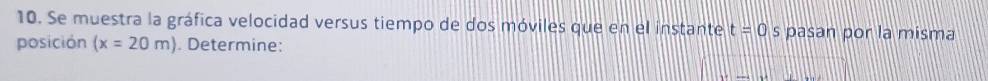 Se muestra la gráfica velocidad versus tiempo de dos móviles que en el instante t=0 ς pasan por la misma 
posición (x=20m). Determine: