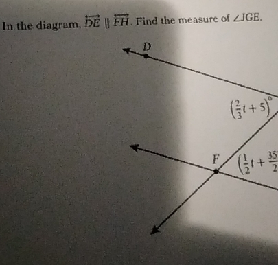 In the diagram, overleftrightarrow DEparallel overleftrightarrow FH. Find the measure of ∠ JGE.