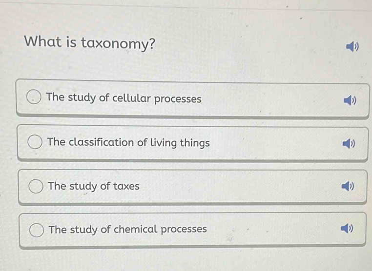 What is taxonomy?
The study of cellular processes
The classification of living things
The study of taxes
The study of chemical processes