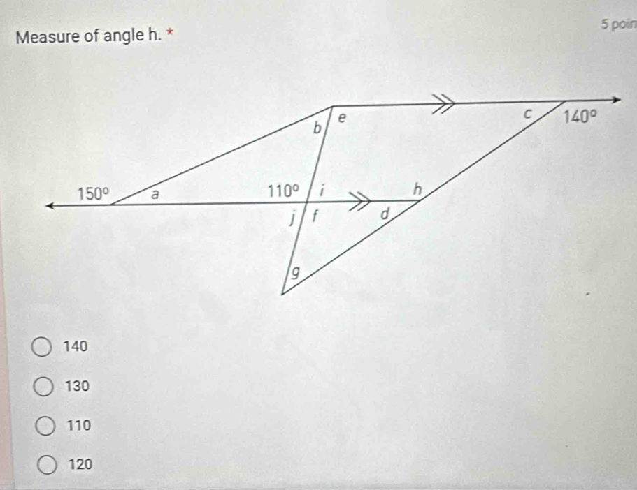 poin
Measure of angle h. *
140
130
110
120