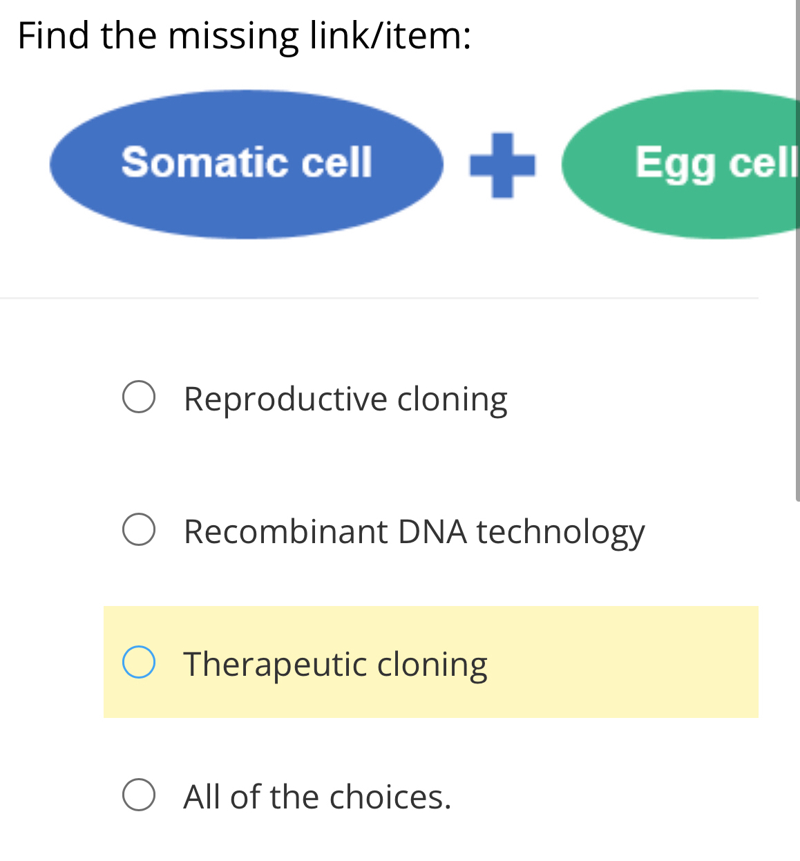 Find the missing link/item:
Somatic cell Egg cell
Reproductive cloning
Recombinant DNA technology
Therapeutic cloning
All of the choices.