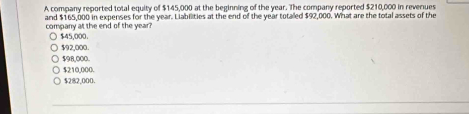 A company reported total equity of $145,000 at the beginning of the year. The company reported $210,000 in revenues
and $165,000 in expenses for the year. Liabilities at the end of the year totaled $92,000. What are the total assets of the
company at the end of the year?
$45,000.
$92,000.
$98,000.
$210,000.
$282,000.