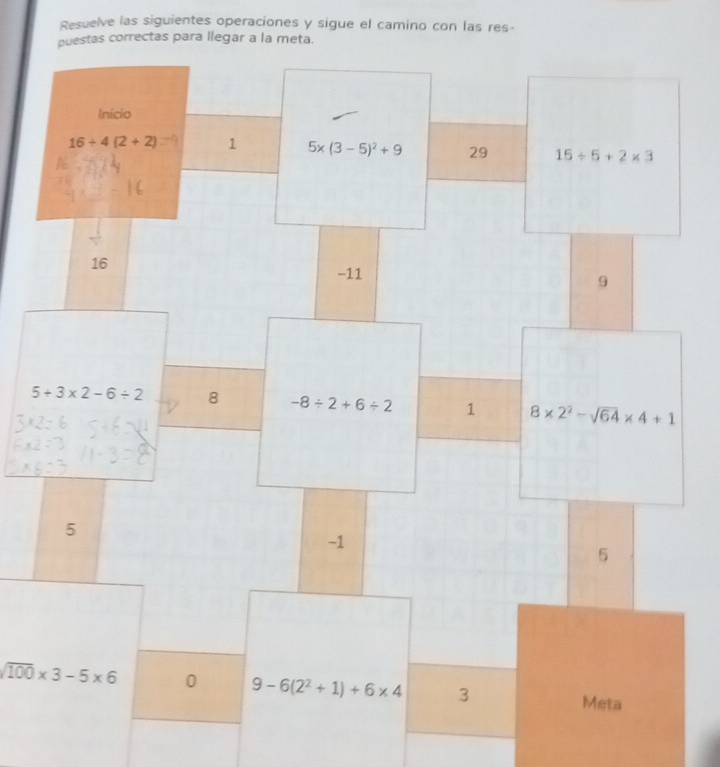 Resuelve las siguientes operaciones y sigue el camino con las res-
as correctas para llegar a la met
sqrt(100)* 3-5* 6