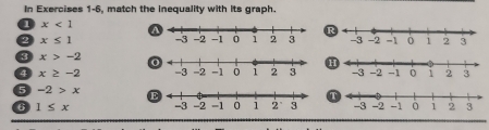 In Exercises 1-6, match the inequality with its graph. 
1 x<1</tex> 
R 
a x≤ 1
a x>-2
H
x≥ -2
5 -2>x
6 1≤ x