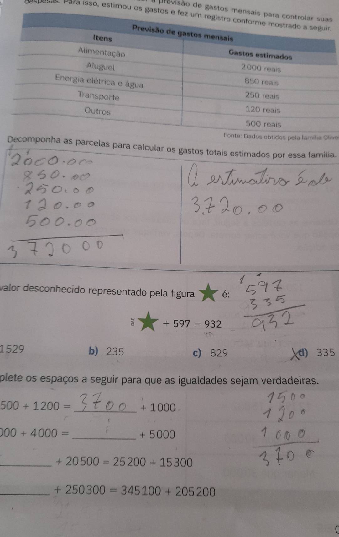 a previsão de ga
despesas. Para isso, estimou
ve
Decomponha as parcelas para calcular os gastos totais estimados por essa família.
valor desconhecido representado pela figura é:
+597=932
1529 b) 235 c) 829 d) 335
plete os espaços a seguir para que as igualdades sejam verdadeiras.
500+1200= _  + 1000
000+4000= _ + 5000
_  +20500=25200+15300
_ +250300=345100+205200