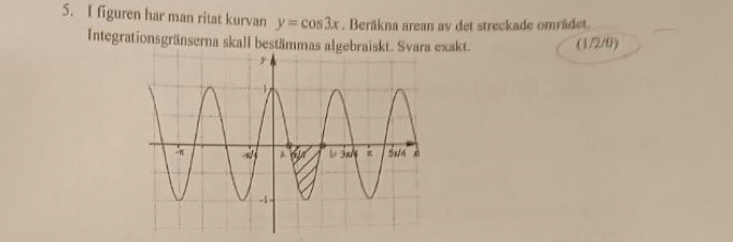 figuren har man ritat kurvan y=cos 3x. Beräkna arean ay det streckade omrädet. 
Integrationsgränserna skall bestämmas algebraiskt. Svara exakt. (1/2/0)