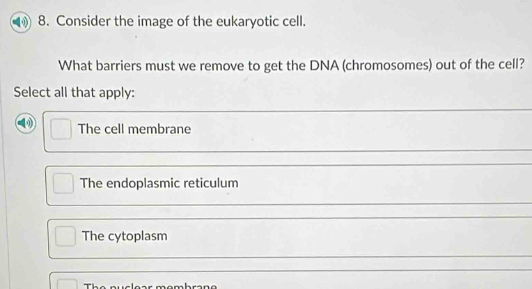 Consider the image of the eukaryotic cell.
What barriers must we remove to get the DNA (chromosomes) out of the cell?
Select all that apply:
The cell membrane
The endoplasmic reticulum
The cytoplasm
T