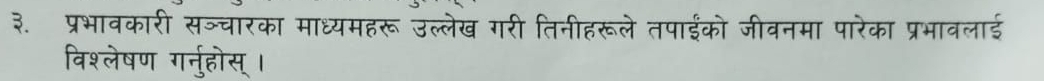 ३. प्रभावकारी सञ्चारका माध्यमहरू उल्लेख गरी तिनीहरूले तपाईको जीवनमा पारेका प्रभावलाई 
विश्लेषण गर्नुहोस् ।