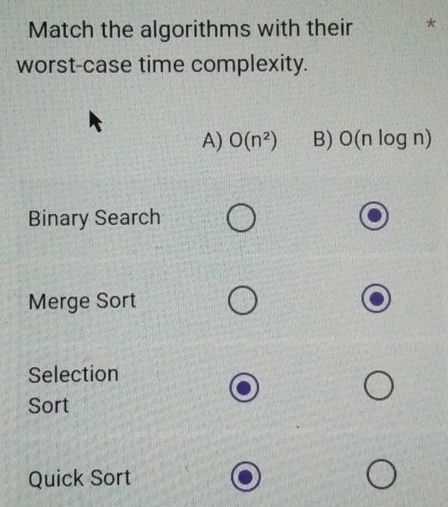 Match the algorithms with their
worst-case time complexity.
A) O(n^2) B) O(nlog n)
Binary Search
Merge Sort
Selection
Sort
Quick Sort