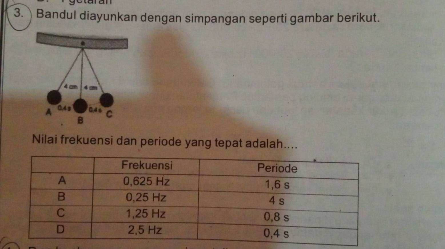 getaran 
3. Bandul diayunkan dengan simpangan seperti gambar berikut. 
Nilai frekuensi dan periode yang tepat adalah....