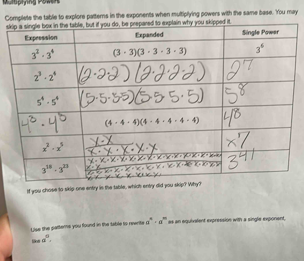 Multiplying Powers
Complete the table to explore patterns in the exponents when multiplying powers with the same base. You may
s
If you chose to skip one entry in the table,
Use the patterns you found in the table to rewrite a^n· a^m as an equivalent expression with a single exponent,
like a^a.