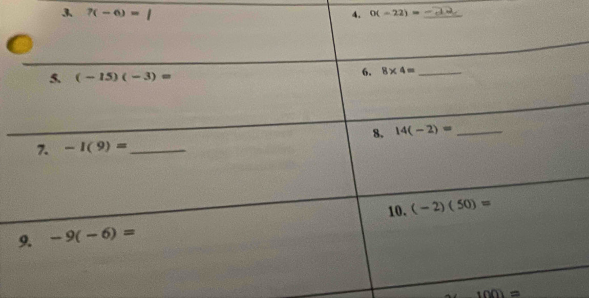 3 7(-6)=|
4. 0(-22)= _
100)=