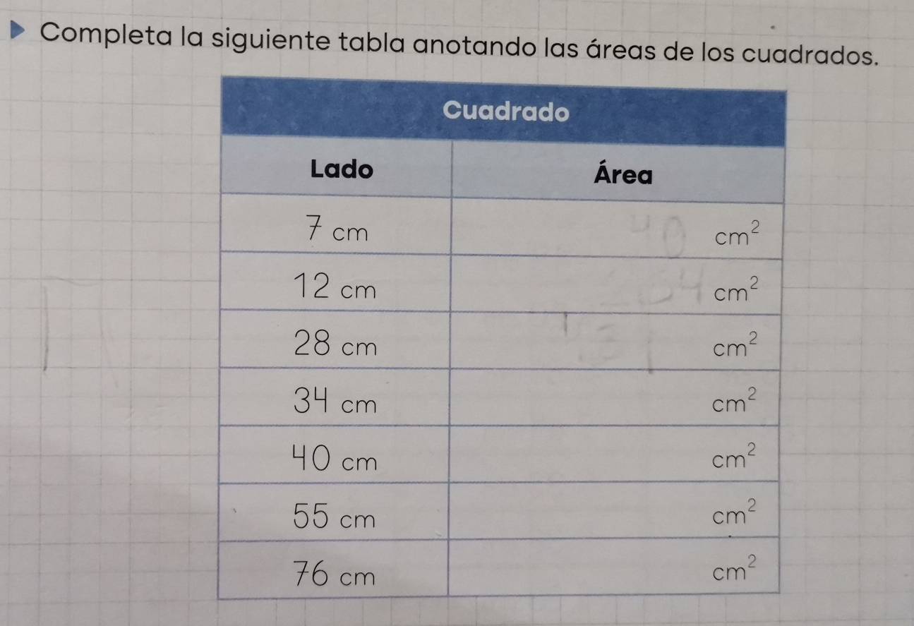 Completa la siguiente tabla anotando las áreas de los cuadrados.