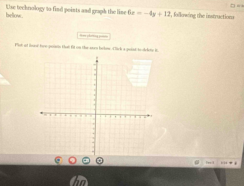 Al/ B 
Use technology to find points and graph the line 6x=-4y+12
below. , following the instructions 
done plotting points 
Plot at least two points that fit on the axes below. Click a point to delete it. 
Dea 5 3:28