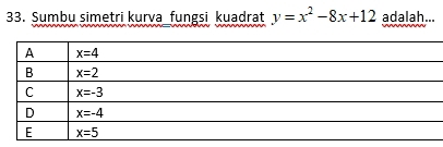 Sumbu simetri kurva fungsi kuadrat y=x^2-8x+12 adalah...